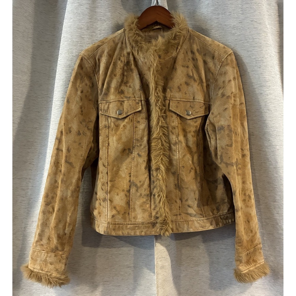 Coldwater Creek Womens Zip Up Long Sleeve Leather Faux Fur Cheetah Print Size L